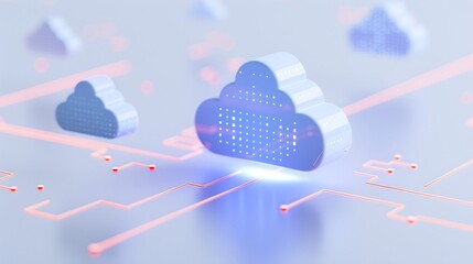 Wall Mural - Digital cloud technology illustration showcasing data transfer and connectivity with glowing elements and circuit designs.