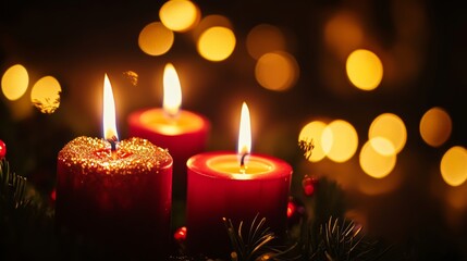 Advent candles glowing in darkness, sparkling flames with blurred background lights