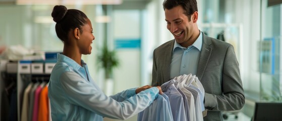 Wall Mural - A woman, likely a salesperson, and a man chat cheerfully in a clothing store. She holds shirts, smiling. Both seem engaged in a positive interaction.