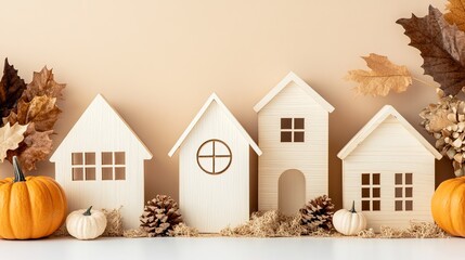 White wooden houses are surrounded by pumpkins and cozy blankets, creating a warm autumn atmosphere ideal for home decor and architecture ideas