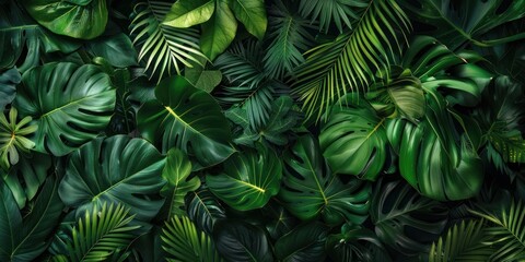 Wall Mural - Flatlay tropical green leaves nature leaf vegetation.