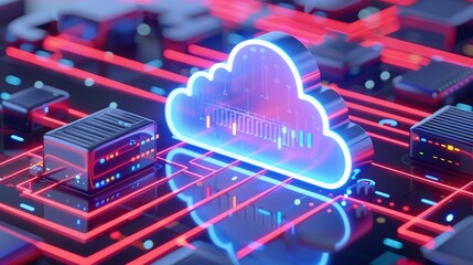 Futuristic cloud computing concept with glowing cloud icon surrounded by vibrant circuit patterns, symbolizing digital technology.