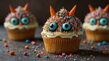 Sticker - Adorable cupcake monster with sprinkles for hair and chocolate chip eyes.