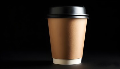 Minimalist brown paper coffee cup with black lid on dark backdrop