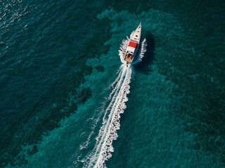 Sticker - Aerial view of a speedboat leaving a white trail on turquoise water.