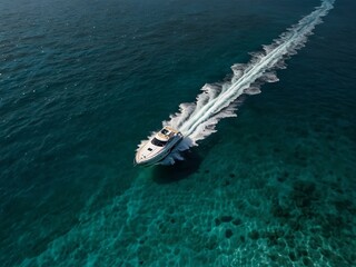 Sticker - Aerial view of a speedboat leaving a white trail on turquoise water.