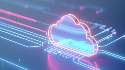 Sticker - Futuristic cloud icon glowing in neon colors with circuit textures, representing modern technology and data connectivity.