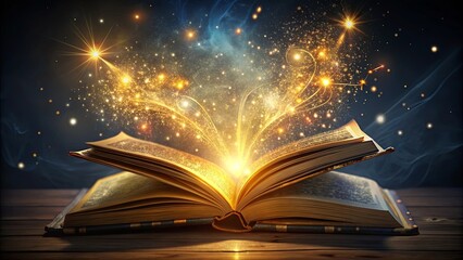 A magical spell book with shimmering gold pages and silver symbols glowing faintly in the darkness