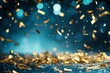 © Mikhail Vorobev - Festive new year background with golden glitter, fireworks, and shiny confetti on blue bokeh lights