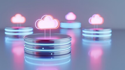 Poster - Futuristic cloud icons on metallic bases, representing digital storage technology and innovative data solutions in a modern setting.