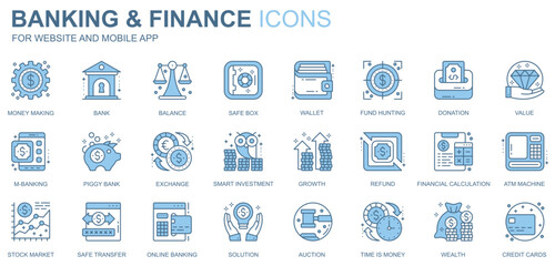 Fototapete - Banking and finance web icons set in duotone line design. Pack of money making, bank, balance, safe box, wallet, fund hunting, donation, value, other outline stroke pictograms. Vector illustration