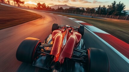 Formula one race car speeding on a racetrack during sunset