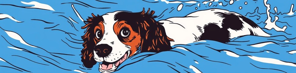 A cartoon cocker spaniel enjoys a day at the beach on a coloring page for a children's book