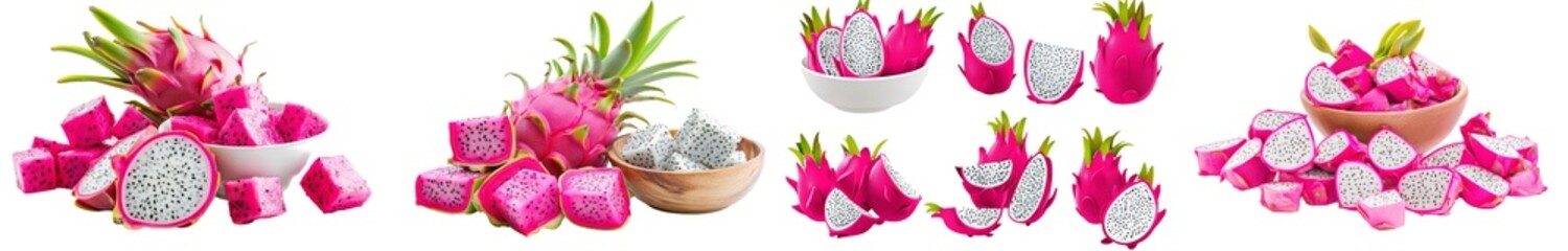 Poster - Various angles and views of halved dragon fruit pitaya pitahaya fruit isolated on transparent background cutout, file. Mockup template for graphic design artwork.