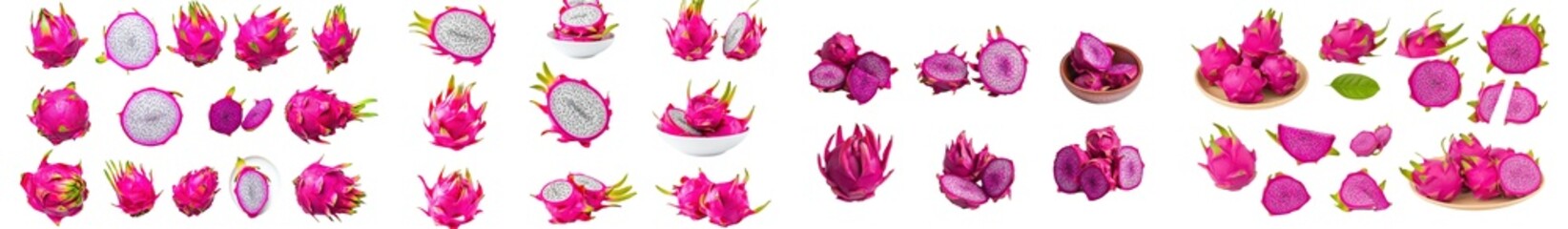 Poster - Various angles and viewpoints of diced halved Dragon fruit pitaya pitahaya fruit isolated on transparent background. Template for artwork graphic design.