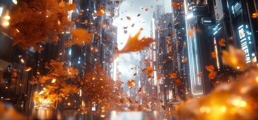 Wall Mural - A futuristic cityscape with autumn leaves swirling amidst towering structures.