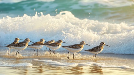 Poster - Sandpipers Foraging on the Beach at Sunset