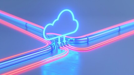 Wall Mural - Futuristic neon pathways converge, showcasing a glowing cloud symbol. A vivid representation of connectivity and technology.