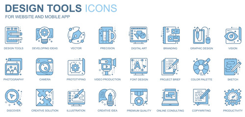 Design tools web icons set in duotone line design. Pack of idea, precision, digital art, branding, vision, photography, camera, prototyping, video, other outline stroke pictograms. Vector illustration