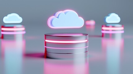 Poster - Modern cloud computing concept showcasing cloud icons over futuristic data servers in neon colors.