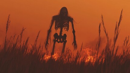 Illustration painting of a ghost standing in a field of flames, digital art style