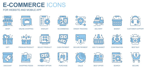 Leinwandbilder - E-commerce web icons set in duotone line design. Pack of shop, online shopping, wishlist, order tracking, delivery, basket, customer support, gift, other outline stroke pictograms. Vector illustration