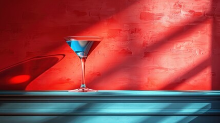 A cocktail glass sits on a decorative ledge against a vibrant red wall illuminated by soft shadows