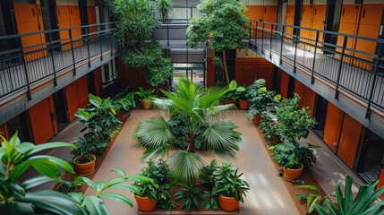 Wall Mural - Modern office building with an open atrium courtyard featuring a lush, green garden and potted plants, creating a serene and inviting workspace