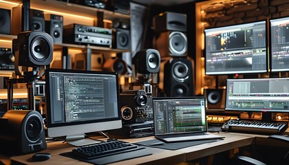 Wall Mural - Cutting-edge video editing studio utilizing generative AI technology for innovative content creation and professional production workflows.