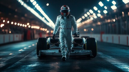 Formula one driver walking away from race car on track at night