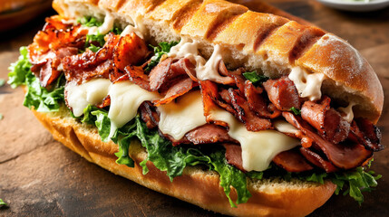 Wall Mural - Close-up of a sub sandwich with crispy bacon, melted cheese, fresh lettuce, and mayonnaise in a crusty baguette roll.