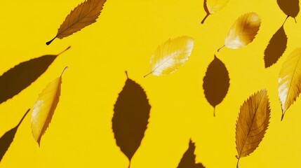 Background with falling autumn leaves on mustard yellow. Natural banner with copy space.