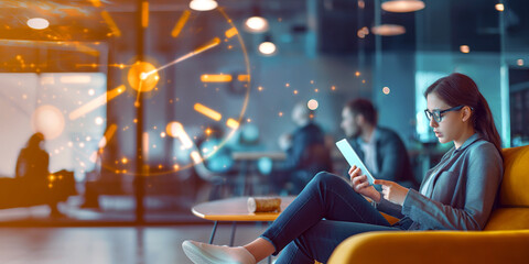 Wall Mural - a young professional using a tablet with a project management app, seated in a co-working space with