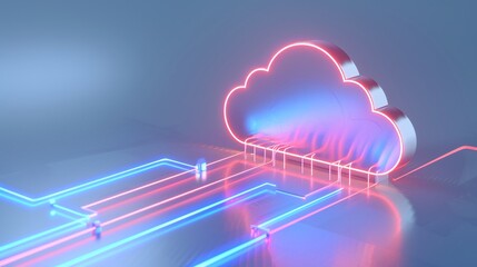 Wall Mural - Stylish cloud computing network design with neon lights, symbolizing modern data storage and technology connectivity.