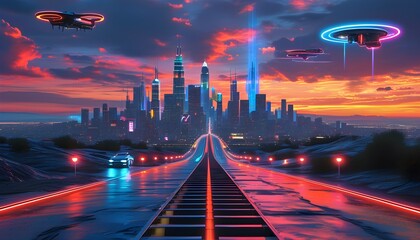 Wall Mural - Futuristic city skyline illuminated by neon signs, flying cars traversing grid-pattern roads, capturing an aerial perspective towards the horizon