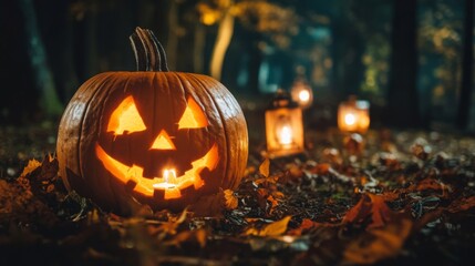 Glowing Jack-o'-Lantern in a Dark Forest with Fallen Leaves