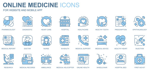 Fototapete - Online medicine web icons set in duotone line design. Pack of pharmacology, diagnosis, heart care, hospital, healthcare, healthy tooth, doctor, other outline stroke pictograms. Vector illustration