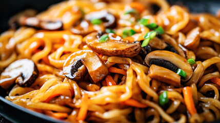 Poster - Close-up of delicious stir-fried noodles with mushrooms, carrots, and green onions, showcasing a rich and savory sauce glistening over the ingredients.