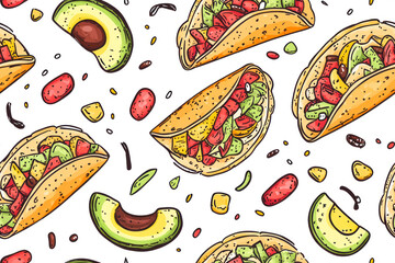 Mexico doodle seamless pattern. Cinco de mayo celebration background. Mexican food taco, avocado chili.