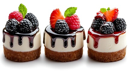 Wall Mural - Mini cheesecakes topped with fresh berries and a drizzle of rich chocolate, an irresistible dessert.