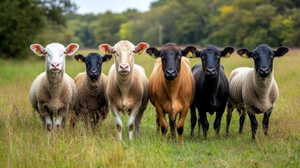 Wall Mural - A Group of Sheep and Cows in a Lush Field