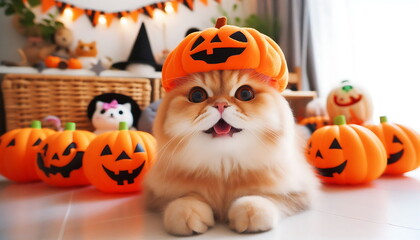 Wall Mural - cute Cat in Halloween Costume with Pumpkins, Halloween Background