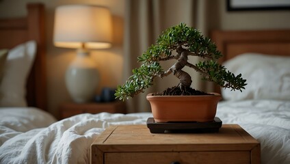 Poster - Bonsai tree in a terracotta pot on a bedside table for minimalist decor.