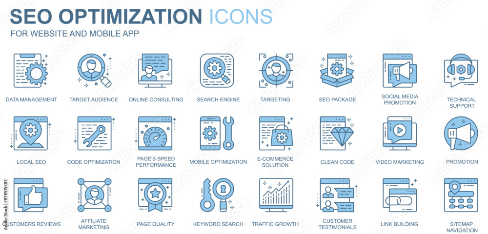 SEO optimization web icons set in duotone line design. Pack of data ...