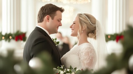 Bride and groom surrounded by family, exchanging Christmas vows in a grand ballroom with holiday decor, warm and elegant