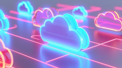 Wall Mural - Vibrant neon cloud icons glowing against a digital background, representing cloud technology and virtual storage solutions.