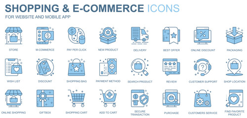 Leinwandbilder - Shopping and e-commerce web icons set in duotone line design. Pack of store, m-commerce, product, delivery, best offer, online discount, wish list, other outline stroke pictograms. Vector illustration