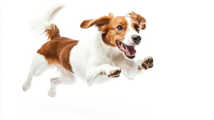 Wall Mural - excited nederlandse kooikerhondje dog leaping playful canine portrait against white pet photography