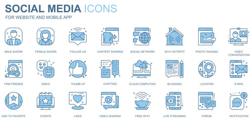 Fototapete - Social media web icons set in duotone line design. Pack of male or female avatar, follow, content sharing, network, wifi hotspot, photo tagging, other outline stroke pictograms. Vector illustration