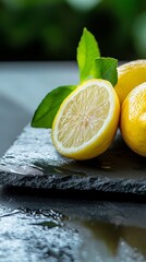 Wall Mural -  Two lemons seated side by side on a cutting board, topped with a green lemon leaf